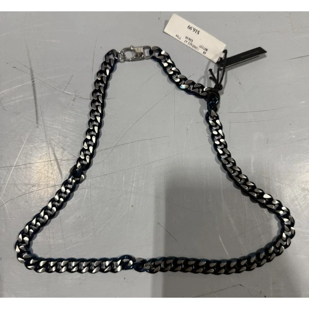 Anthony Jacobs Men's Stainless Steel Cuban Link Necklace Blue/Silver Signed